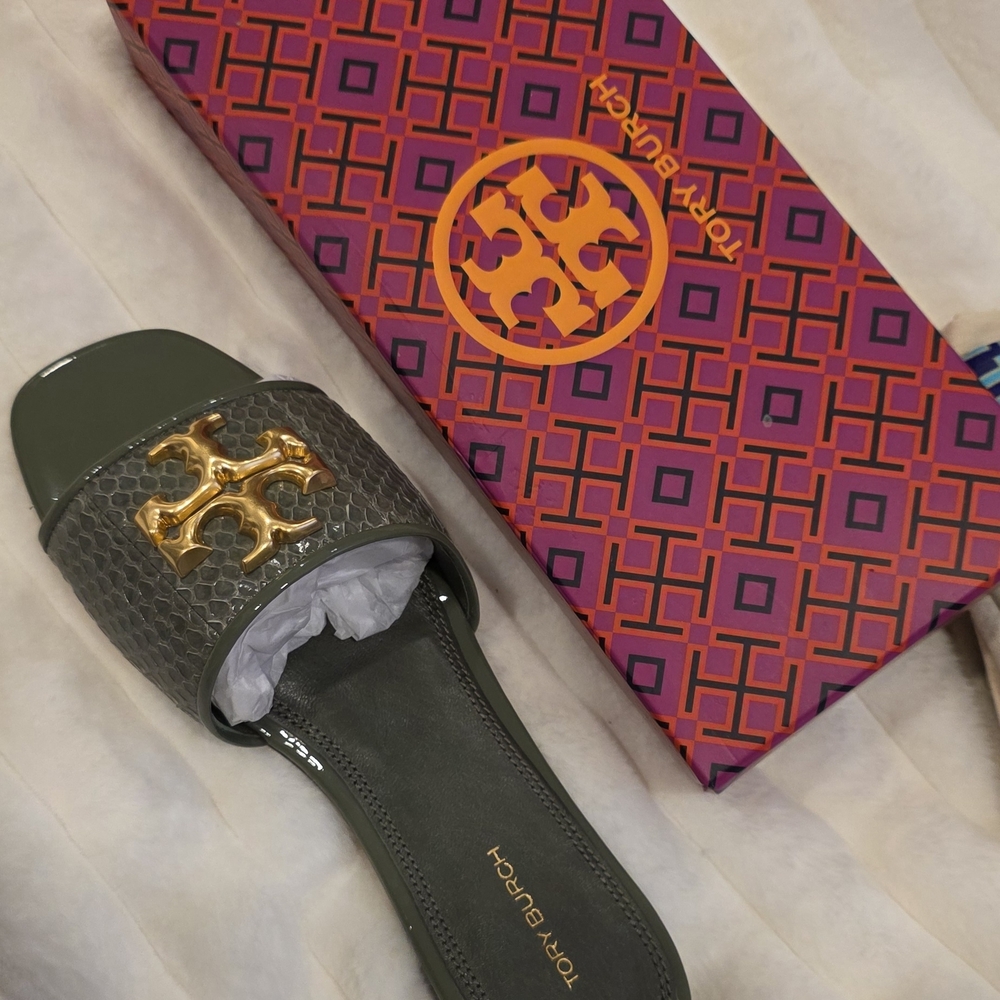 Tory Burch Olive Green Slide Sandal with Gold Logo Accent